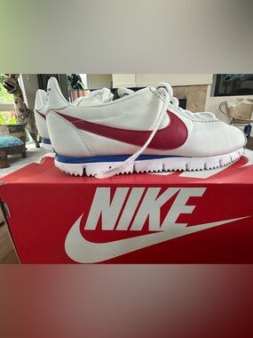 Nike Cortez - Classic White Nylon Sneakers with Red Swoosh and Blue Accent